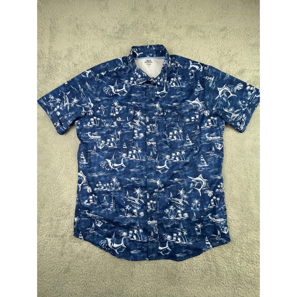 IZOD Saltwater Performance Mens Large Blue Marlin Sailboat Fishing Shirt L
